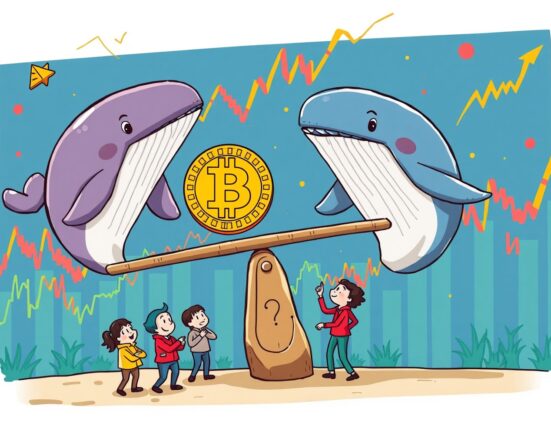 Bitcoin sideways trend illustrated by whales balancing cryptocurrency on market seesaw