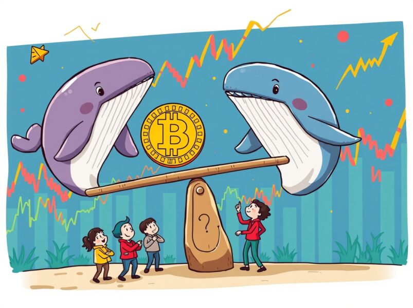 Bitcoin sideways trend illustrated by whales balancing cryptocurrency on market seesaw