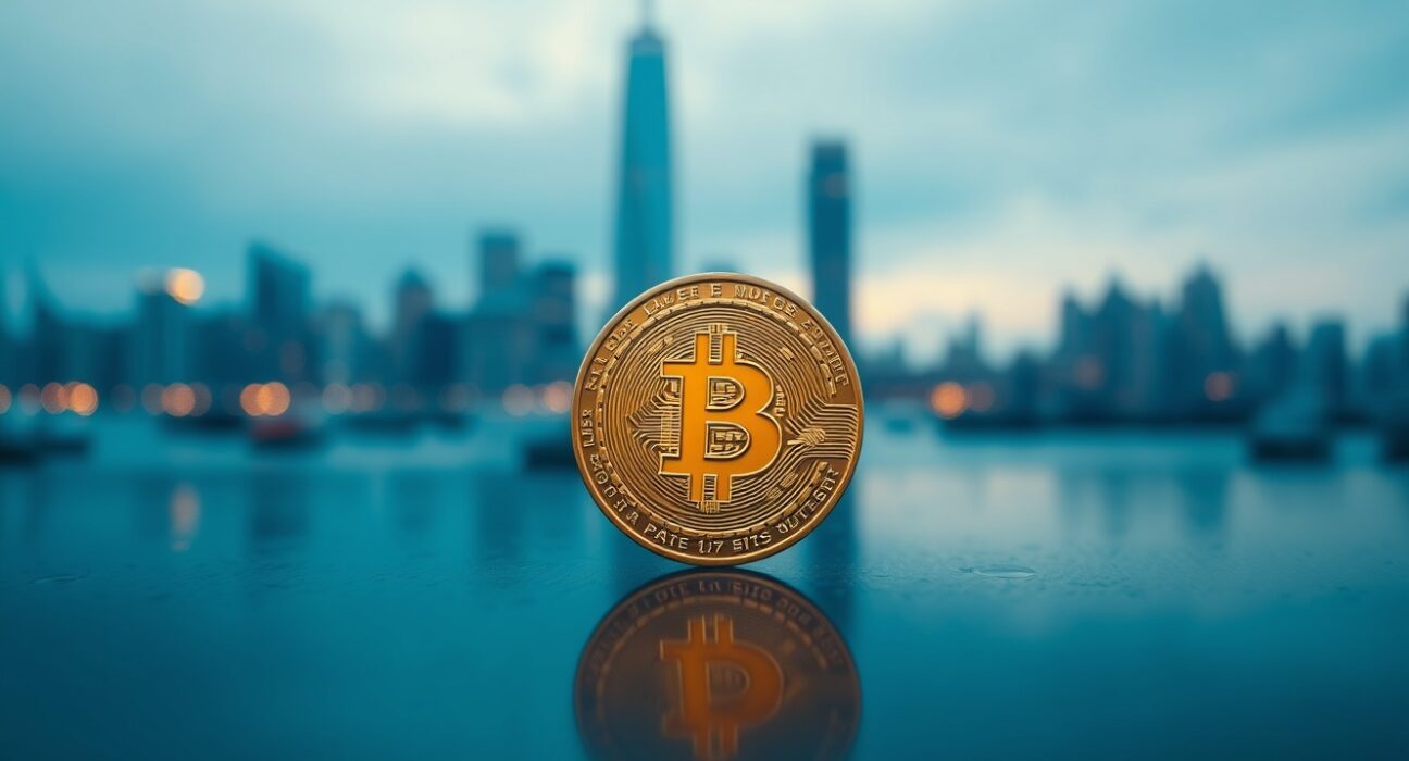 Bitcoin coin on reflective surface with blurred city skyline, symbolizing market uncertainty.