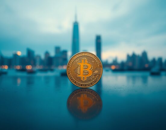 Bitcoin coin on reflective surface with blurred city skyline, symbolizing market uncertainty.