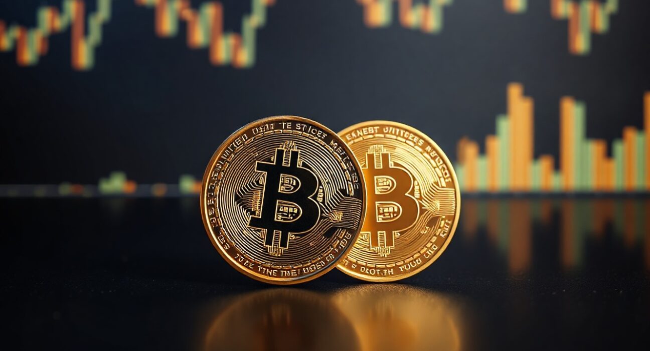 Bitcoin coin and gold bar side by side on reflective surface