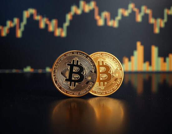Bitcoin coin and gold bar side by side on reflective surface