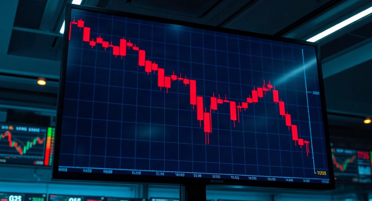 Bitcoin price chart showing a sharp decline below $77,000 on a trading screen