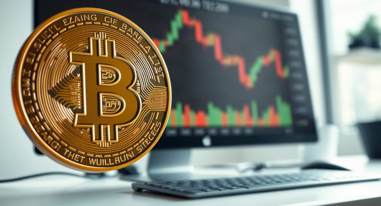 Bitcoin coin in foreground with trading charts on a monitor in a modern office
