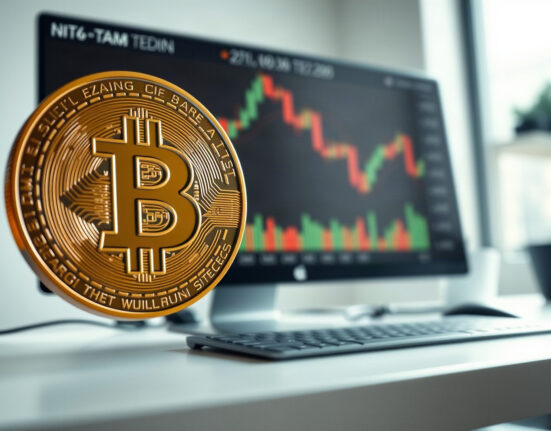 Bitcoin coin in foreground with trading charts on a monitor in a modern office