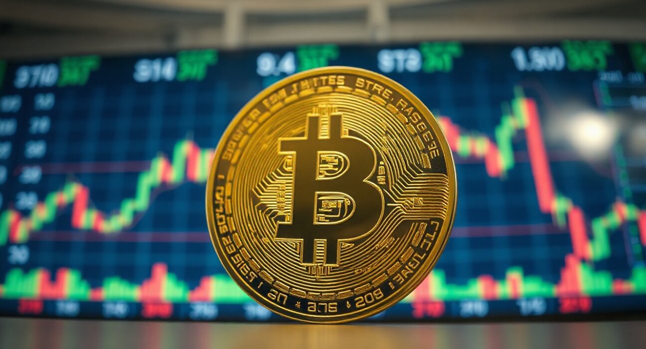 Bitcoin coin in focus with a blurred trading chart background