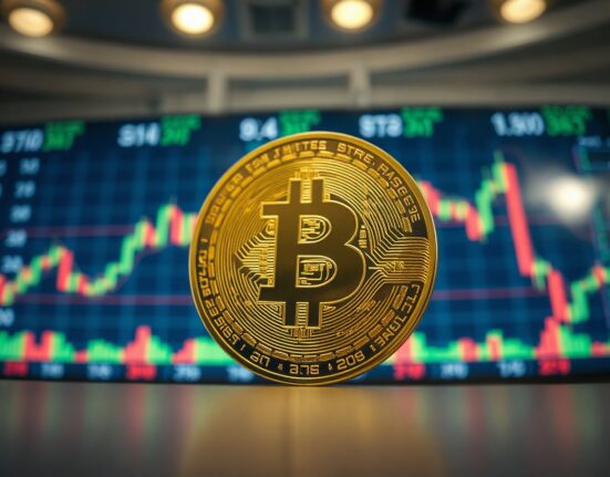 Bitcoin coin in focus with a blurred trading chart background