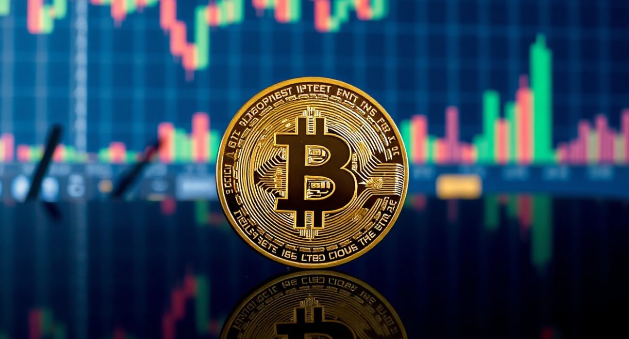 Bitcoin coin in foreground with blurred financial charts in background, representing market analysis.