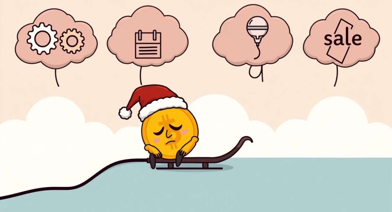 Cartoon illustrating Bitcoin's sluggish performance with four factors causing a flat price trend.