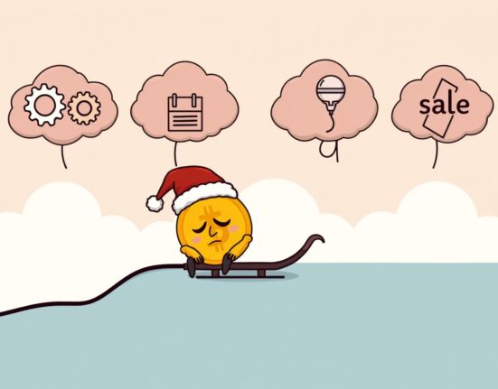 Cartoon illustrating Bitcoin's sluggish performance with four factors causing a flat price trend.