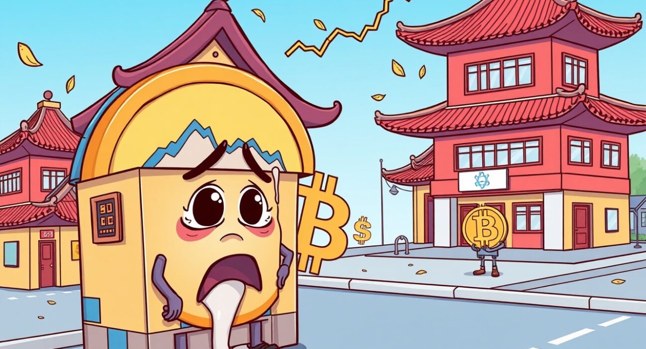 A cartoon South Korean crypto exchange worried as Bitcoin value and South Korean exchange volumes decline.