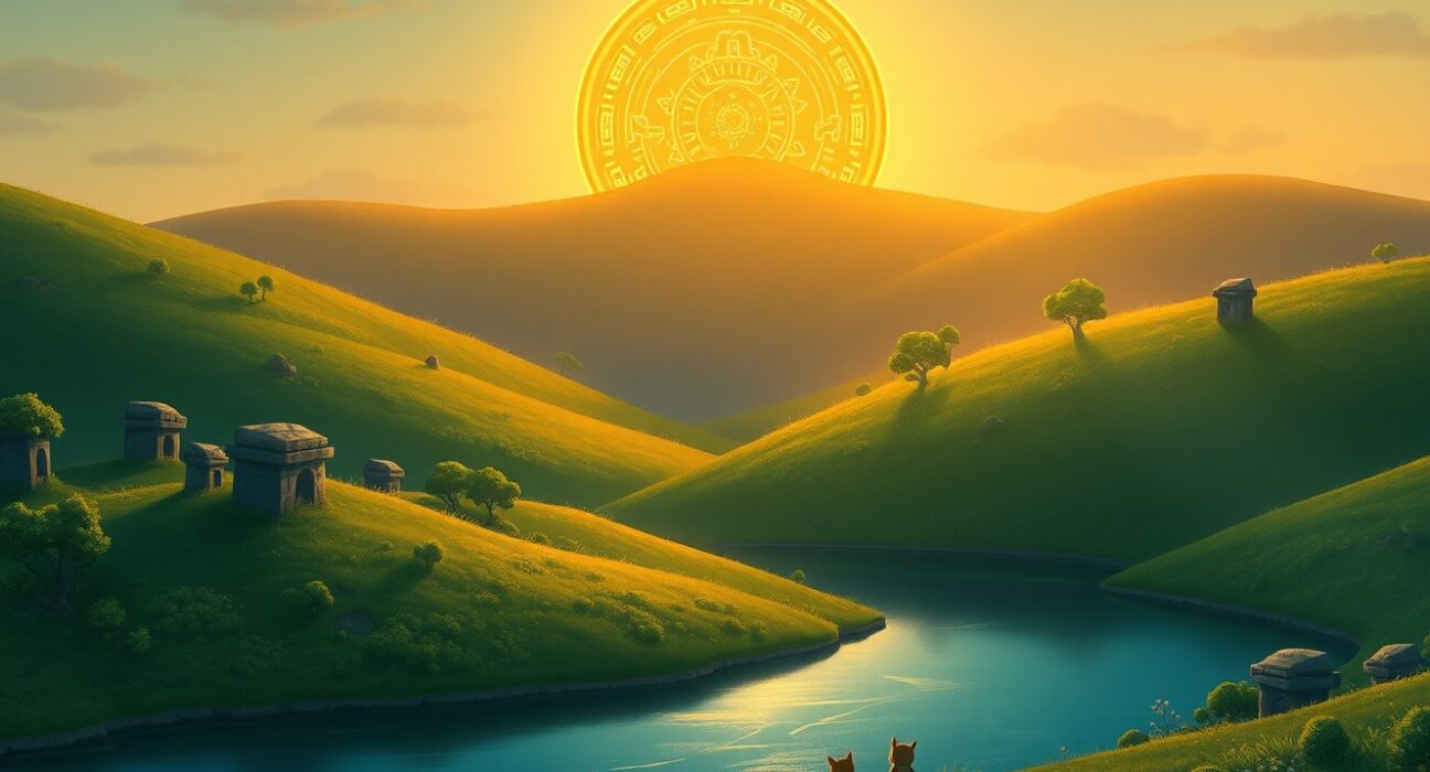 Bitcoin's value rising like a sun over a digital landscape, symbolizing its surge past $79,000.