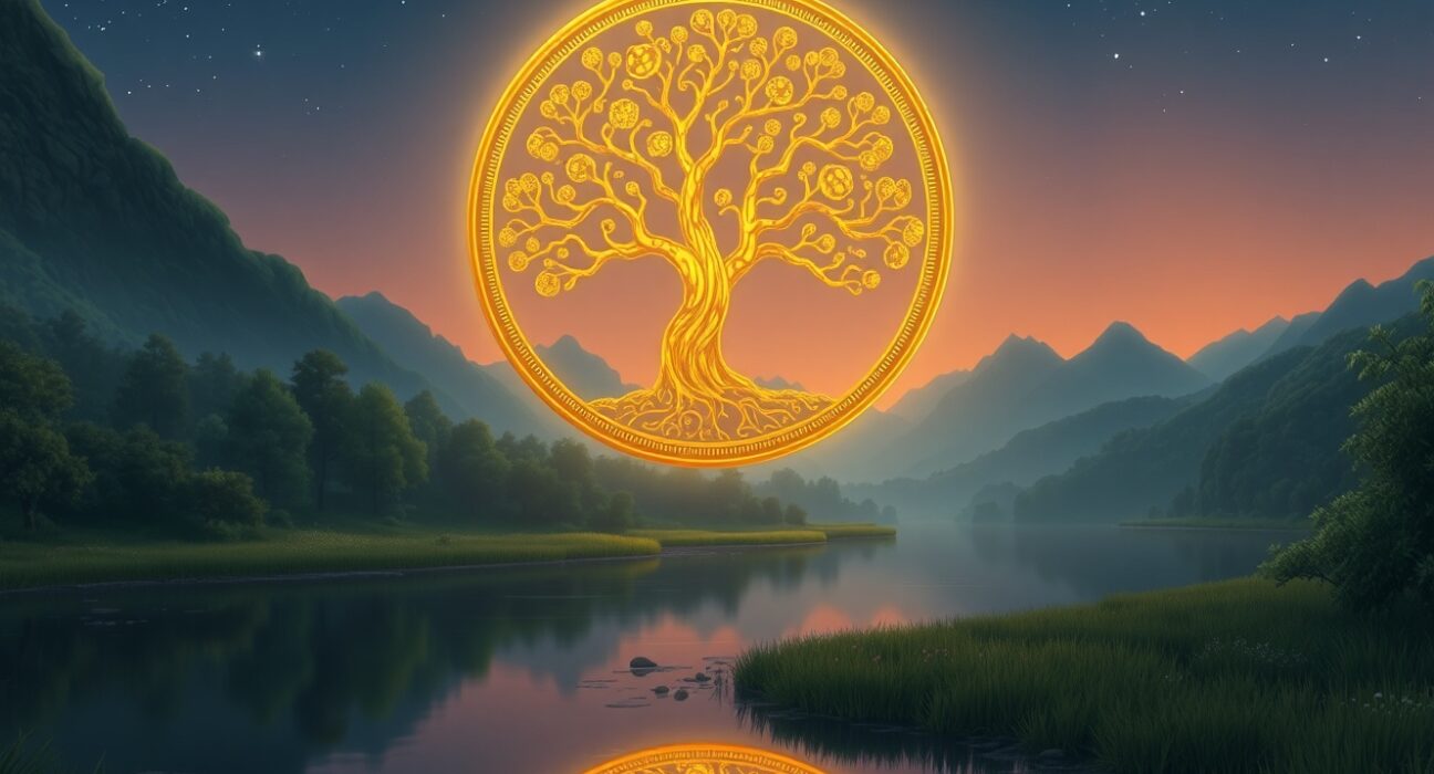 Conceptual Ghibli-style art representing Bitcoin's value surge as a glowing digital asset in a serene landscape.