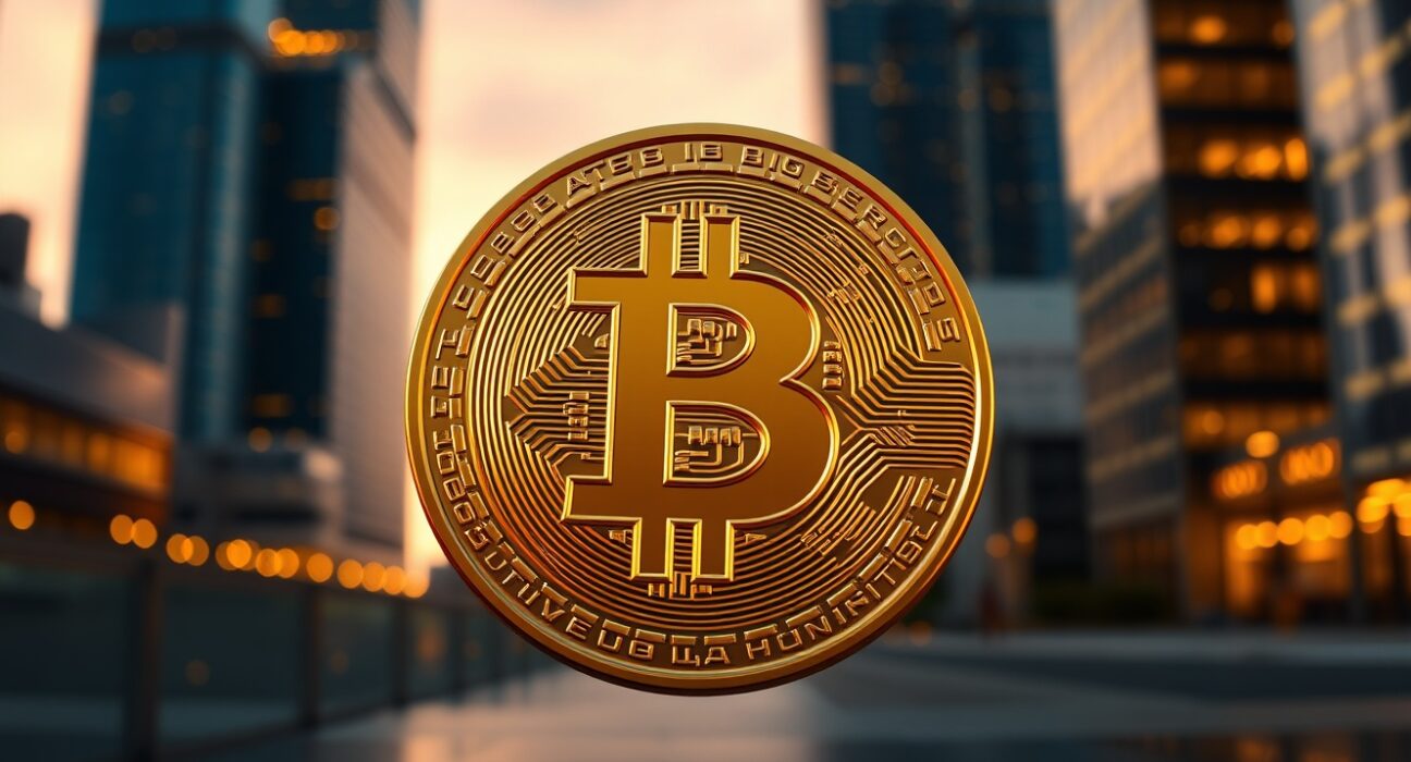Bitcoin coin symbolizing its surge past the $71,000 price milestone in financial markets.