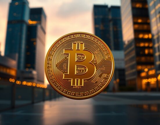 Bitcoin coin symbolizing its surge past the $71,000 price milestone in financial markets.