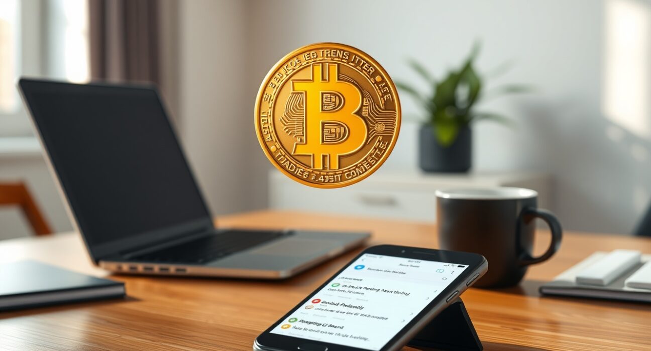 Bitcoin coin above a smartphone showing social media comments with positive sentiment, representing a surge in bullish sentiment.