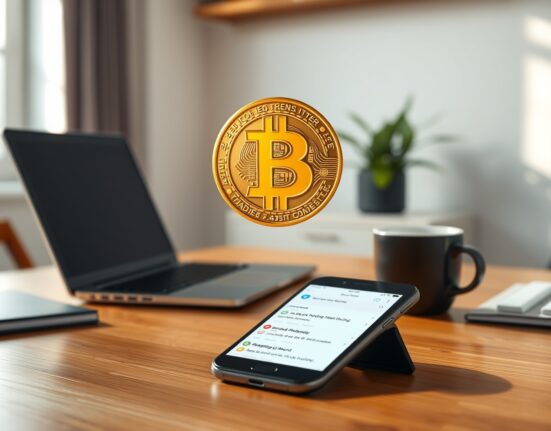 Bitcoin coin above a smartphone showing social media comments with positive sentiment, representing a surge in bullish sentiment.