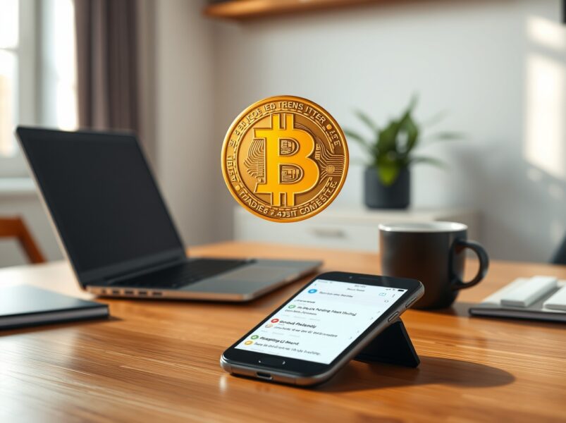 Bitcoin coin above a smartphone showing social media comments with positive sentiment, representing a surge in bullish sentiment.