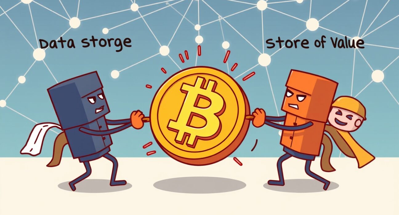 An illustration of the ongoing debate surrounding the Bitcoin soft fork proposal and its impact on network data.