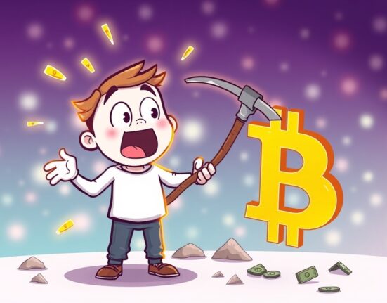 A jubilant solo miner celebrating a successful Bitcoin solo mining event, highlighting the rare achievement and reward.