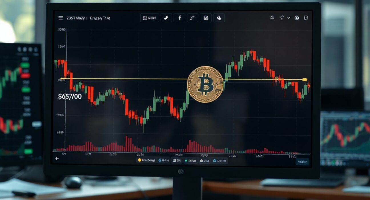Bitcoin price chart on monitor showing resistance at $68,700