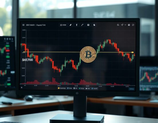 Bitcoin price chart on monitor showing resistance at $68,700