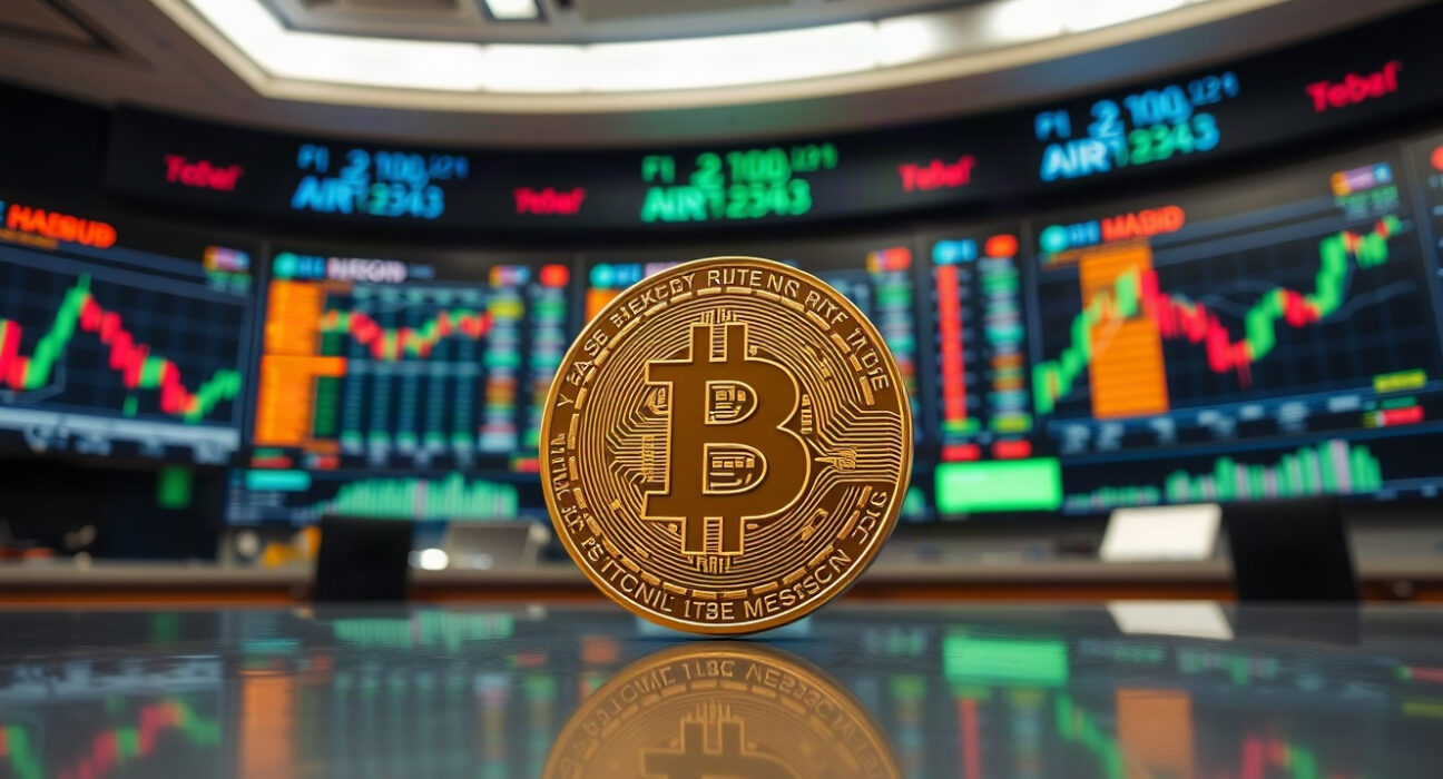 Bitcoin coin on trading desk with market charts in background