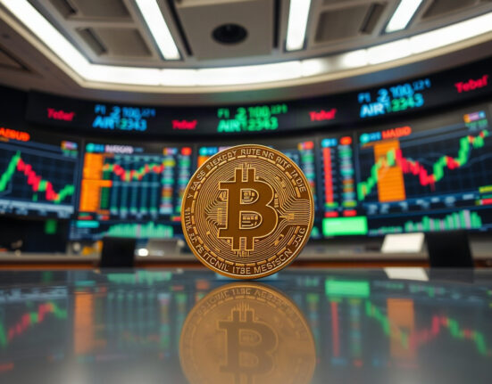 Bitcoin coin on trading desk with market charts in background