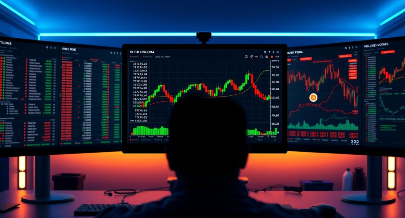 Trading desk monitors displaying Bitcoin order book and cumulative volume delta chart