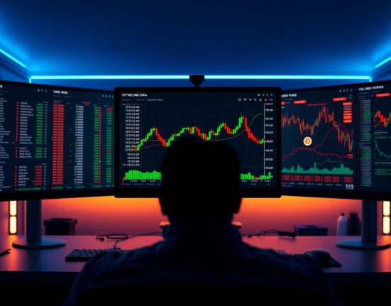 Trading desk monitors displaying Bitcoin order book and cumulative volume delta chart