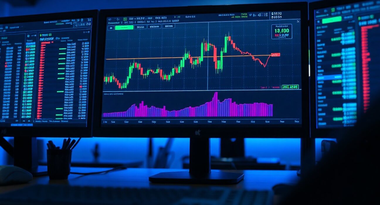 Bitcoin price chart with volume heatmap and Cumulative Volume Delta indicator on a trading monitor