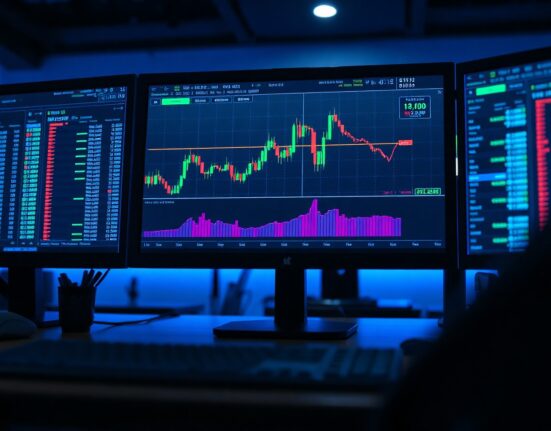 Bitcoin price chart with volume heatmap and Cumulative Volume Delta indicator on a trading monitor