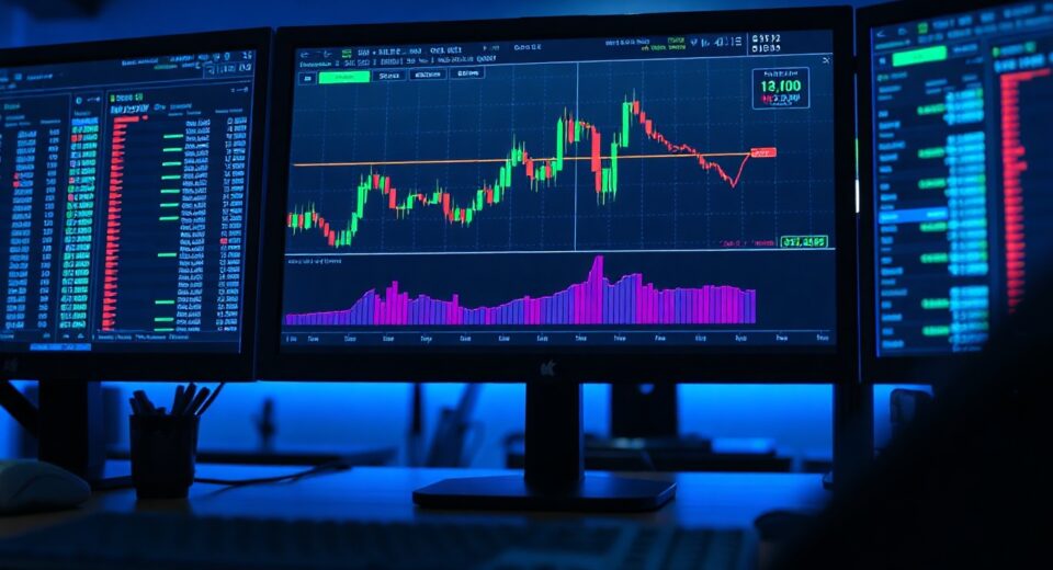 Bitcoin price chart with volume heatmap and Cumulative Volume Delta indicator on a trading monitor
