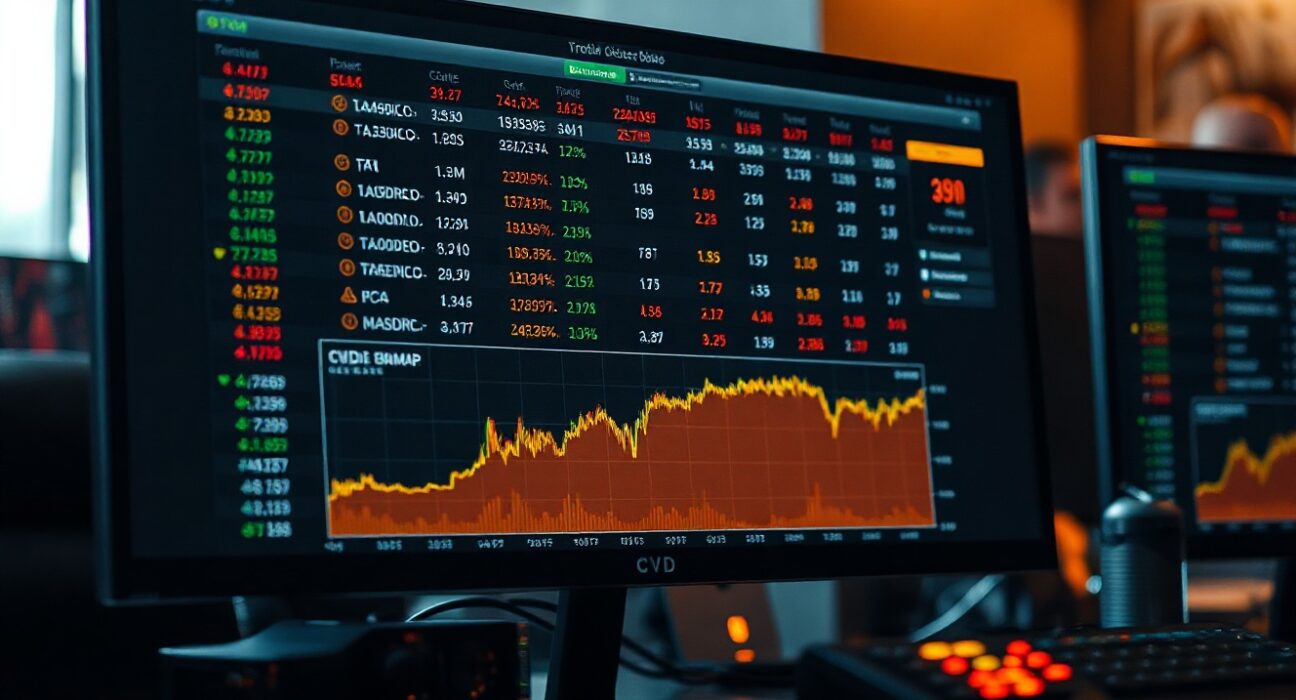 Bitcoin trading monitor showing cumulative volume delta and volume heatmap analysis.