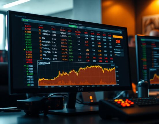 Bitcoin trading monitor showing cumulative volume delta and volume heatmap analysis.