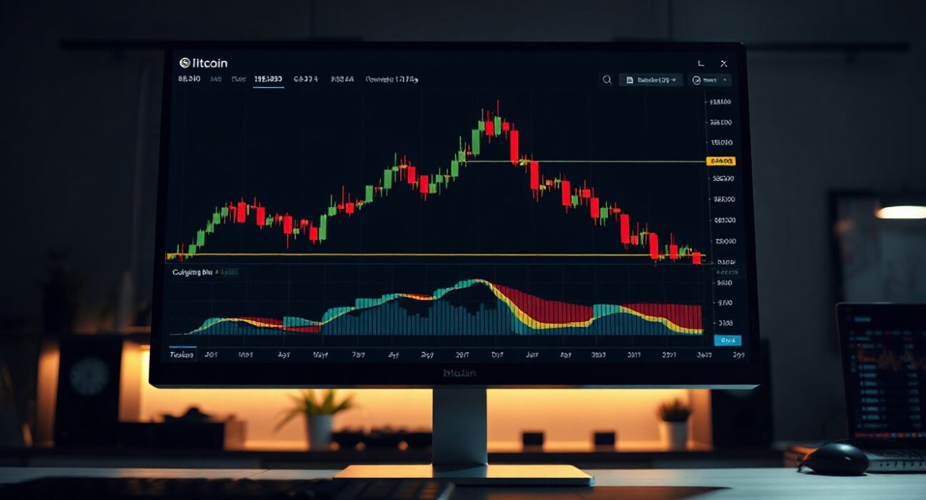 Bitcoin trading monitor showing volume heatmap and CVD chart for technical analysis