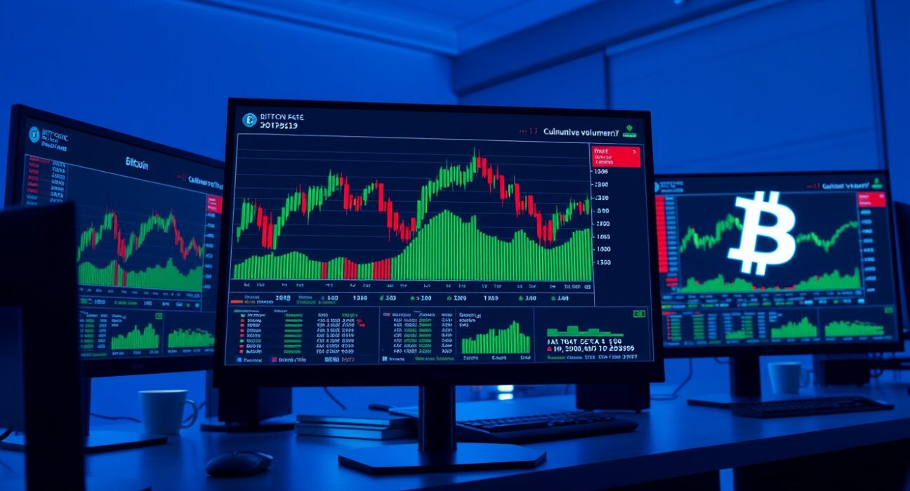 Bitcoin trading desk with order book and CVD chart analysis on monitors