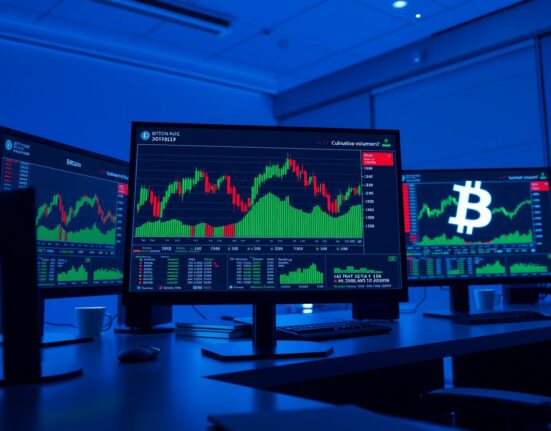 Bitcoin trading desk with order book and CVD chart analysis on monitors