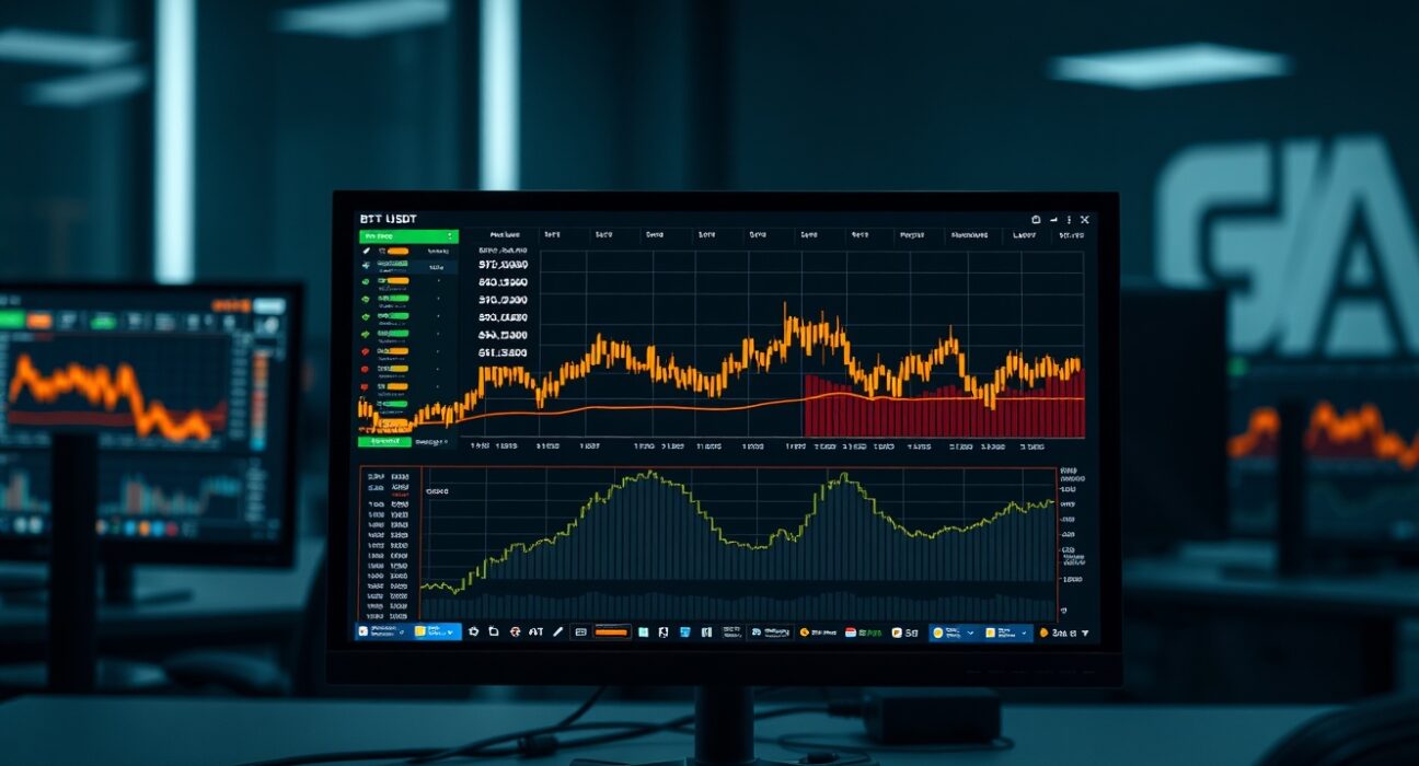 Professional trading desk with monitors showing BTC/USDT order book analysis including volume heatmap and cumulative volume delta chart.