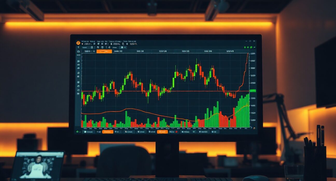 Bitcoin spot CVD chart showing volume heatmap and cumulative volume delta on a trading monitor.