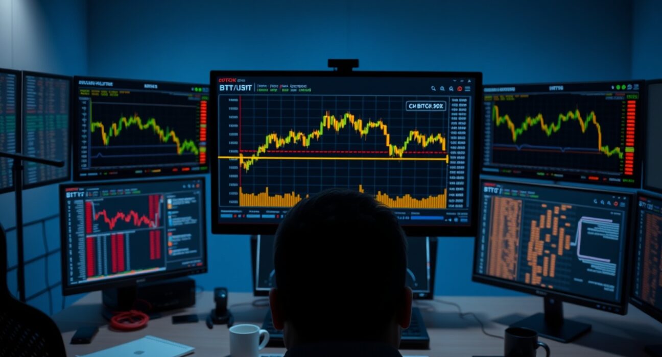 Bitcoin trading screen showing volume heatmap and cumulative volume delta chart analysis