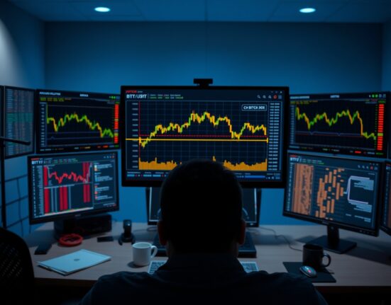 Bitcoin trading screen showing volume heatmap and cumulative volume delta chart analysis