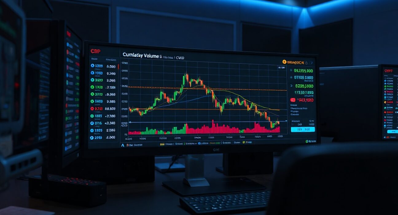 Bitcoin spot CVD chart on multiple monitors in a professional trading setup