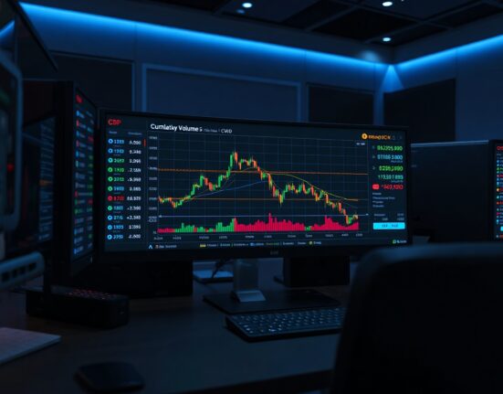 Bitcoin spot CVD chart on multiple monitors in a professional trading setup