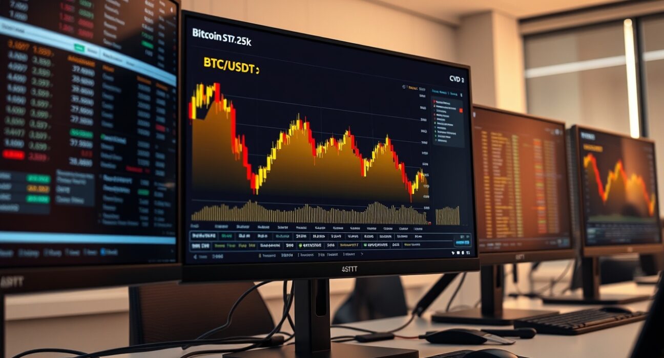 Bitcoin spot CVD chart on trading monitor with volume heatmap and order flow indicators