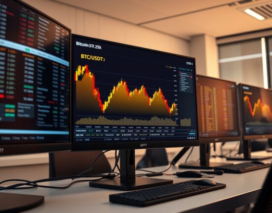 Bitcoin spot CVD chart on trading monitor with volume heatmap and order flow indicators