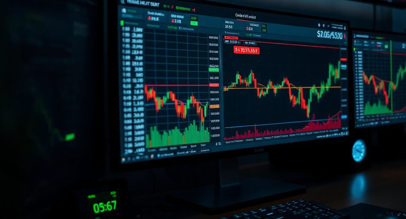 Trading desk with Bitcoin price charts and volume heatmap, highlighting spot CVD analysis