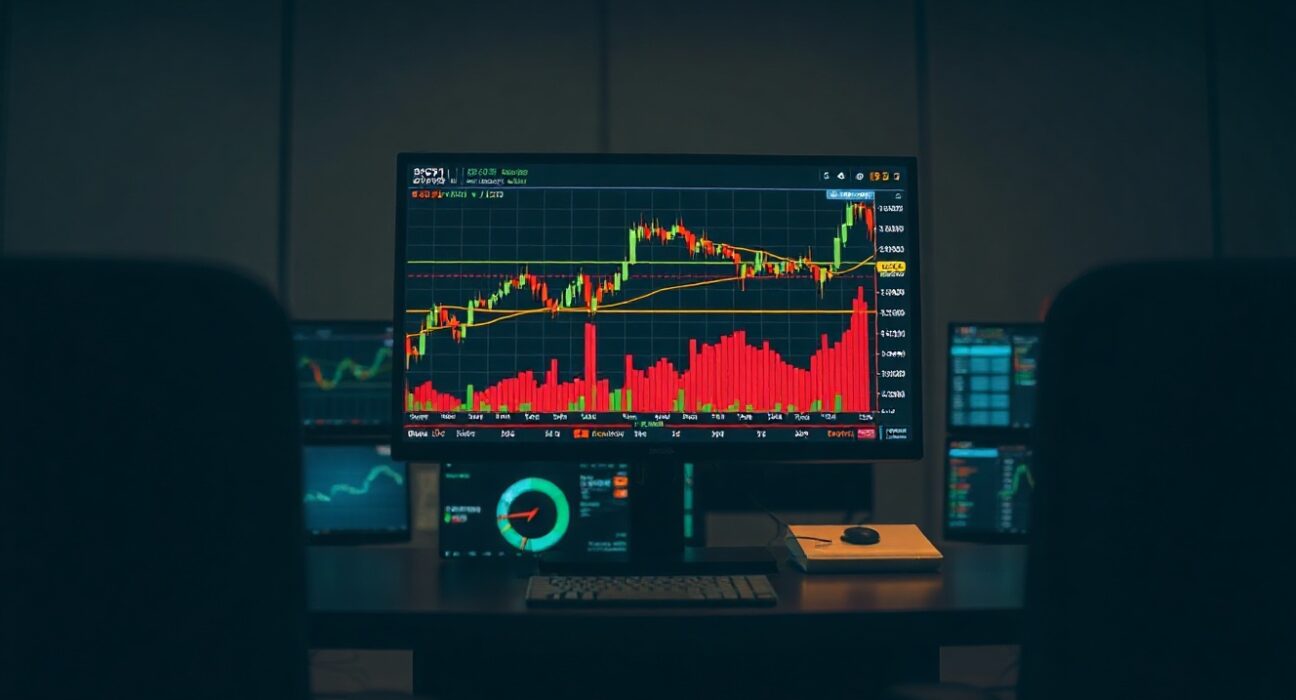 Bitcoin trading chart with volume heatmap and cumulative volume delta on monitors