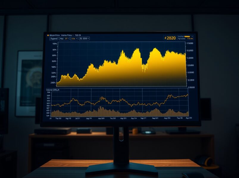 Trading screen showing Bitcoin spot CVD chart with volume heatmap and cumulative volume delta lines