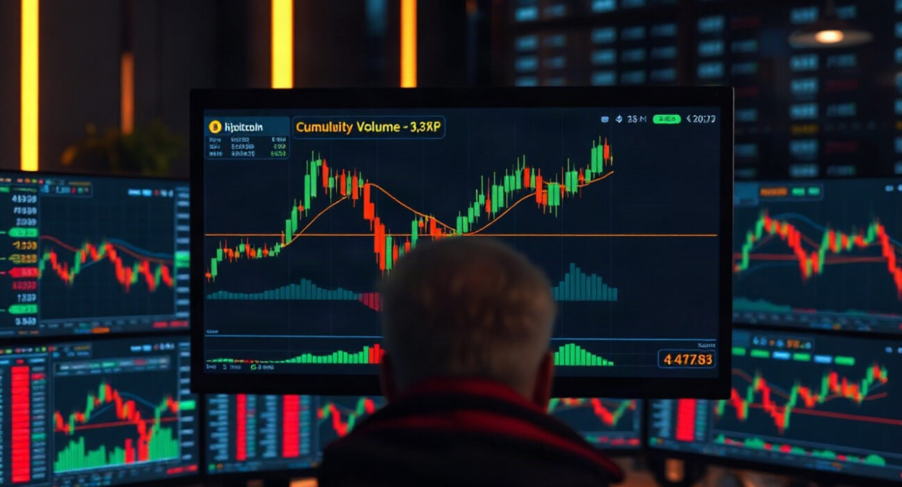 Trading monitor displaying Bitcoin price chart with order book heatmap and cumulative volume delta lines.